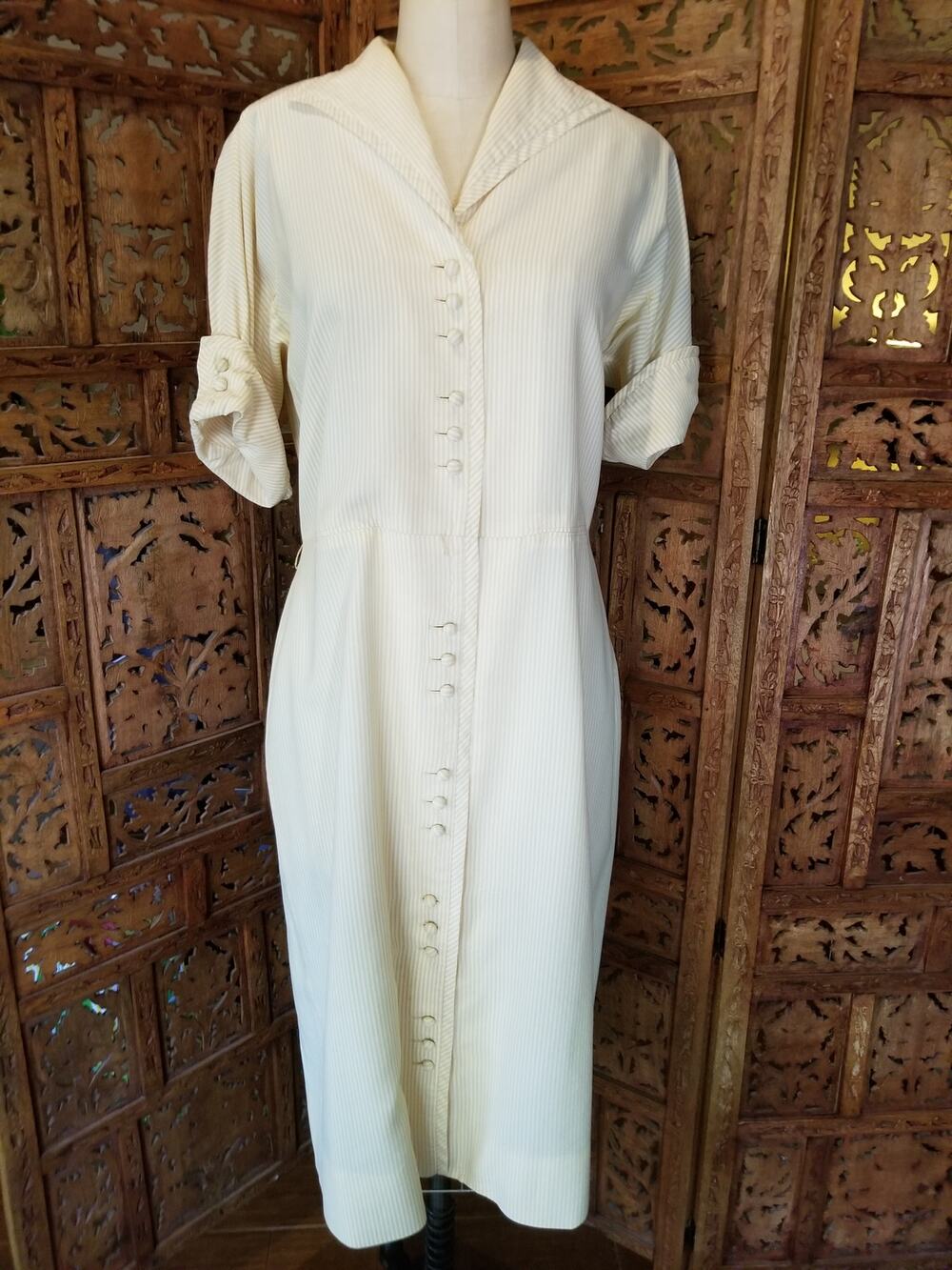 Vintage 1940s 1950s Ann Murray Pinstripe Rayon Day Dress Button Front Med